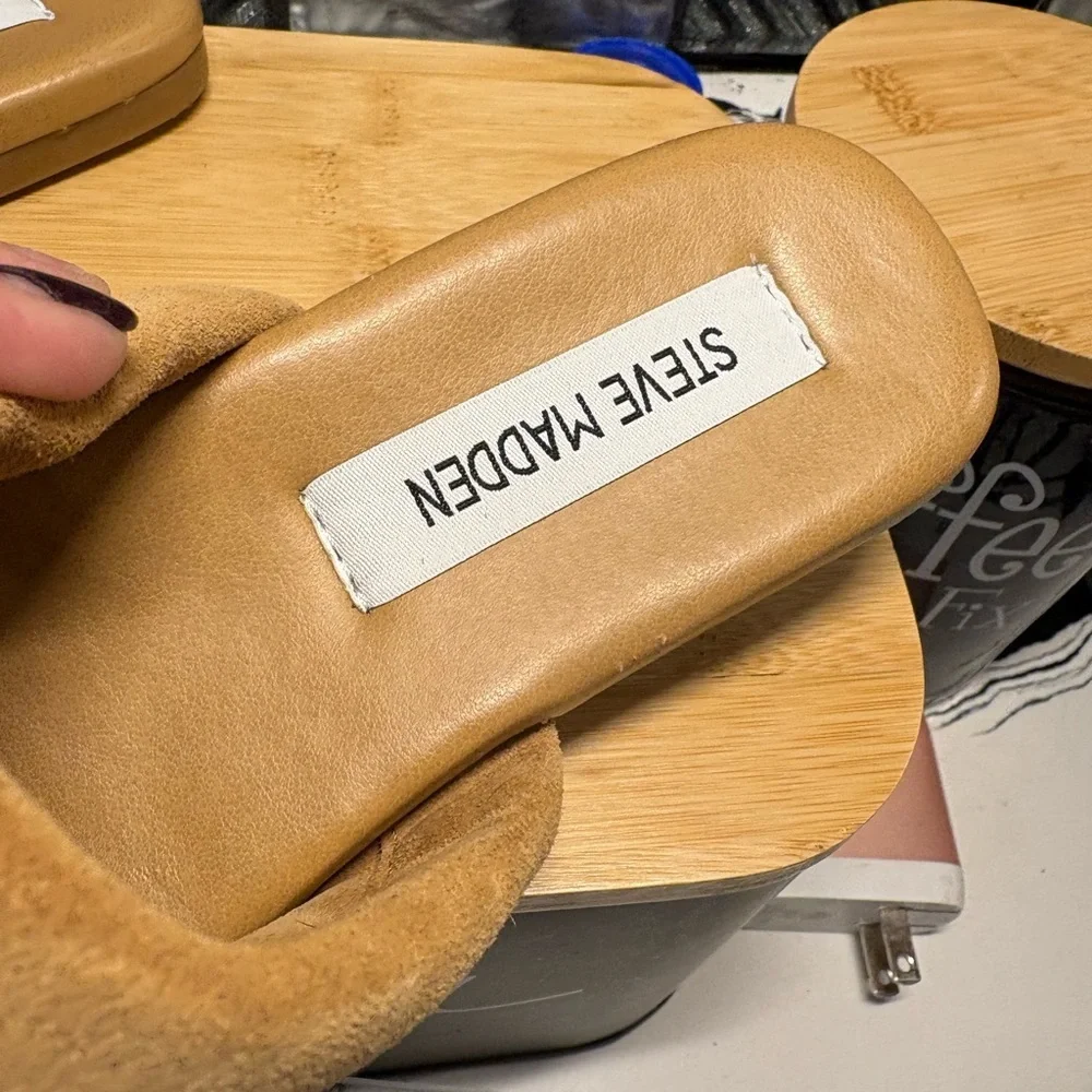 Steve Madden Tan Suede Padded Double-Strap Slide Sandals
